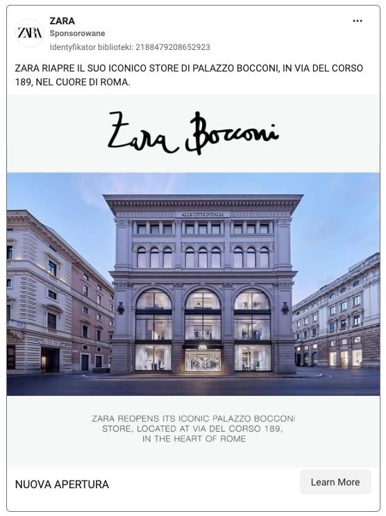 ZARA Meta ad example started 2026-05-18: NUOVA APERTURA, NUOVA APERTURA, NUOVA APERTURA