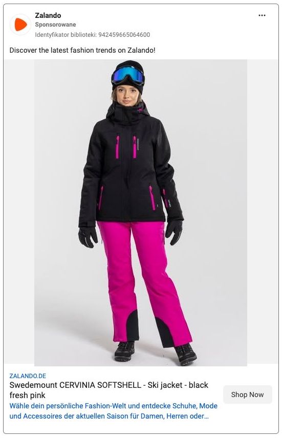 Zalando Meta ad example started 2026-05-05: Swedemount ST. ANTON - Snowboard pants - orange, Swedemount ABISKO - Outdoor trousers - black, Swedemount LOFOTEN OFF - Outdoor trousers - black charcoal, Swedemount LOFOTEN OFF - Outdoor trousers - dk navy denim blue, Swedemount TRAINING HYBRID - Training jacket - lt. grey melange charcoal melange, Swedemount CERVINIA SOFTSHELL - Ski jacket - black fresh pink