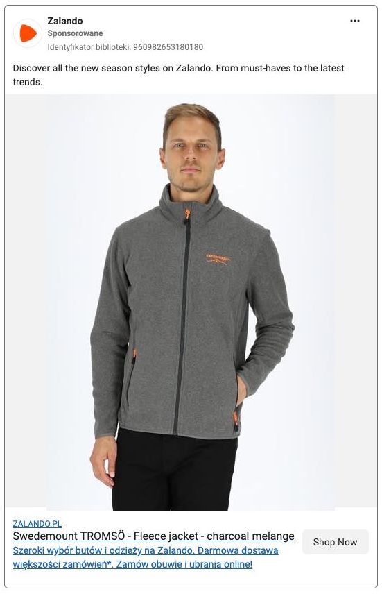 Zalando Meta ad example started 2026-05-05: Swedemount ULTRA LIGHT - Polo shirt - denim blue, Swedemount ULTRA LIGHT TEE W - Sports T-shirt - lt blue, Swedemount FREERIDE SHELL - Ski jacket - black, Swedemount NORDKAP PILE - Fleece jacket - black black, Swedemount LOGO TEE - Print T-shirt - charcoal melange neon, Swedemount TROMSÖ - Fleece jacket - charcoal melange
