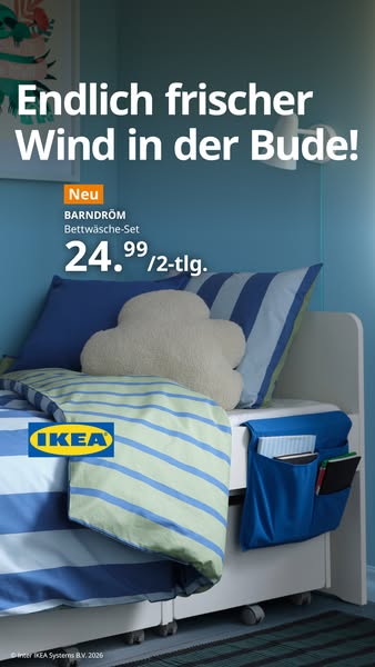 IKEA Meta ad example started 2026-04-01: BARNDRÖM Bettwäsche-Set, SKÅJARE Box, BARNDRÖM Kissen, BARNDRÖM Bettwäsche-Set, SKÅJARE Box, BARNDRÖM Kissen, LIGHET Kopfhörer-/Tablethalter, STICKAT Aufbewahrung