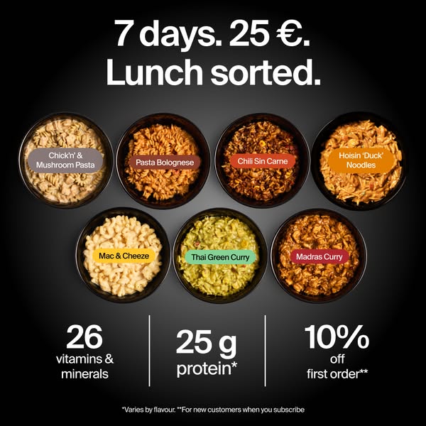 Huel Meta ad example started 2026-04-16: ✅ Nutrition You Can Rely On, ✅ Une nutrition sur laquelle vous pouvez compter, Nutrizione su cui puoi fare affidamento, ✅ Nutrición de confianza, ✅ Ernæring, du kan stole på, ✅ Nutrição em que podes confiar, ✅ Ravinto, johon voit luottaa