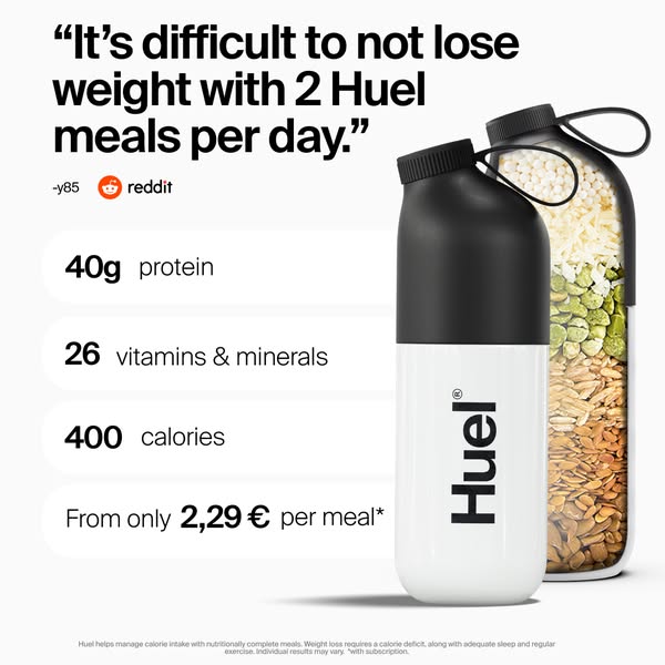 Huel Meta ad example started 2026-02-23: Stay Full While Losing Weight, Sazietà che dura, anche quando perdi peso, No pases hambre mientras pierdes peso, Restez rassasié·e tout en perdant du poids, Mantém-te saciado enquanto perdes peso, Pysy kylläisenä painonpudotuksen aikana