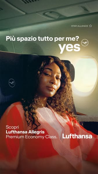 Lufthansa Meta ad example started 2026-04-20: Più spazio tutto per me? Yes., Più spazio tutto per me? Yes., Più spazio tutto per me? Yes.