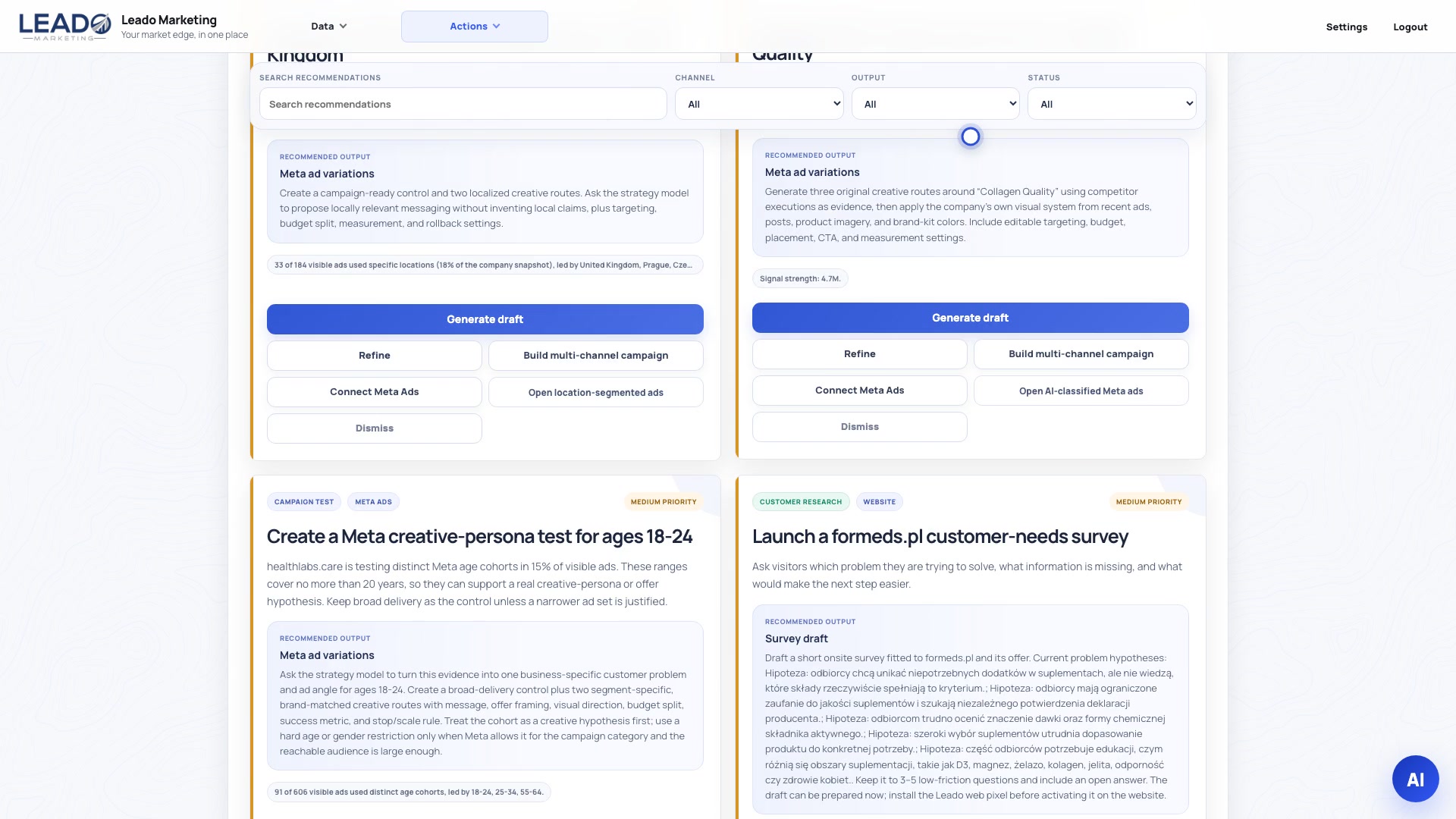 Leado interface for Transformer une insight en un brouillon marketing
